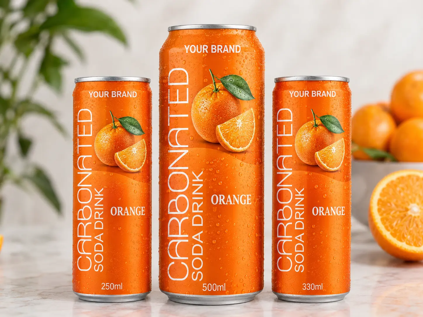 CARBONATED SODA DRINK Orange flavour in 250ml, 500ml and 330ml cans.
